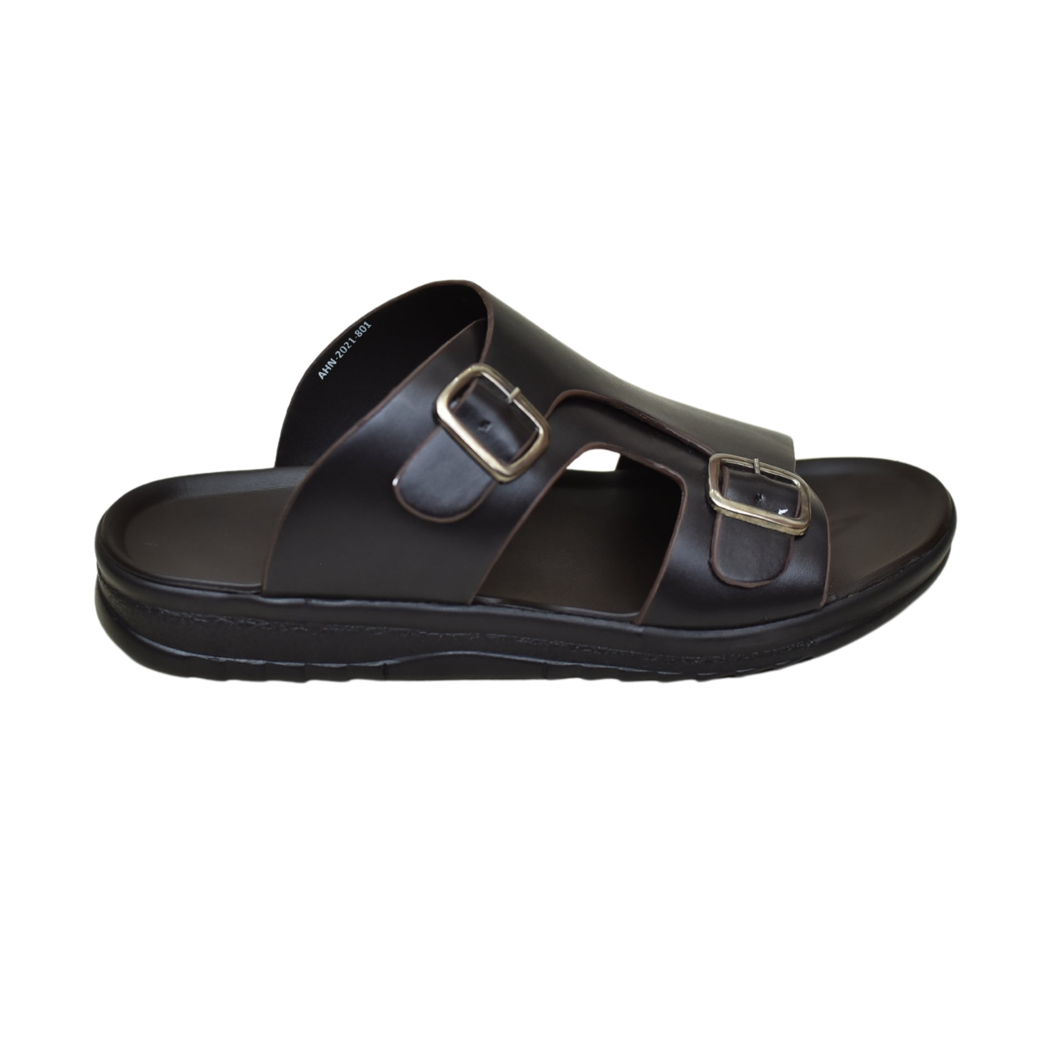 TRENDSSI | Men’s Dual Buckle Faux Leather Slippers - Chocolate Brown