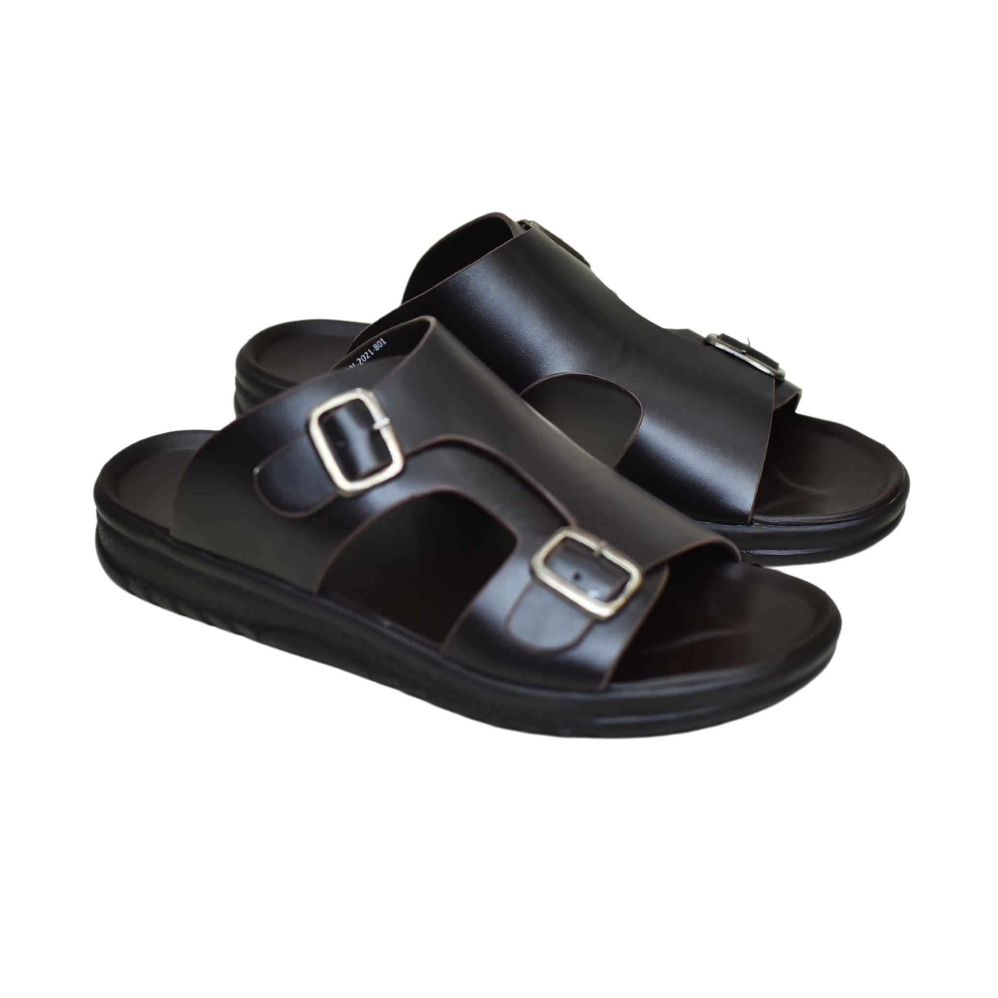 TRENDSSI | Men’s Dual Buckle Faux Leather Slippers - Chocolate Brown
