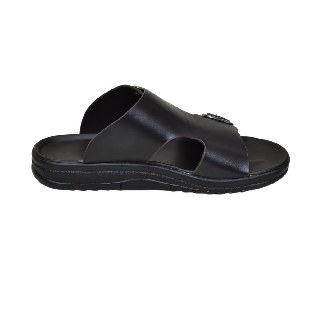 TRENDSSI | Men’s Dual Buckle Faux Leather Slippers - Chocolate Brown