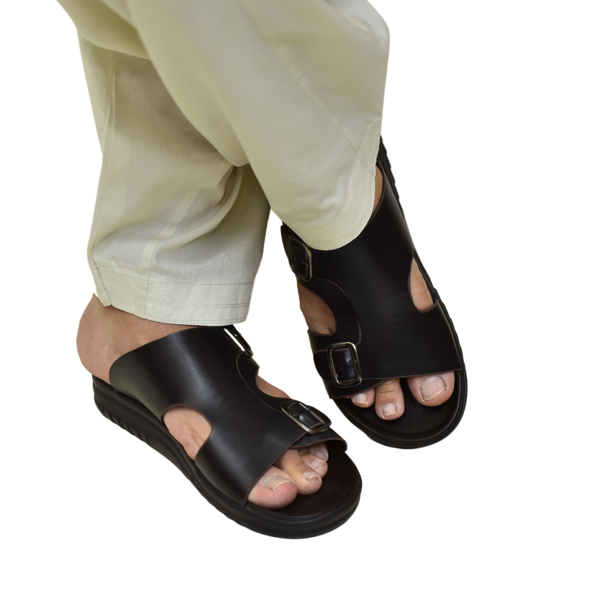 TRENDSSI | Men’s Dual Buckle Faux Leather Slippers - Chocolate Brown