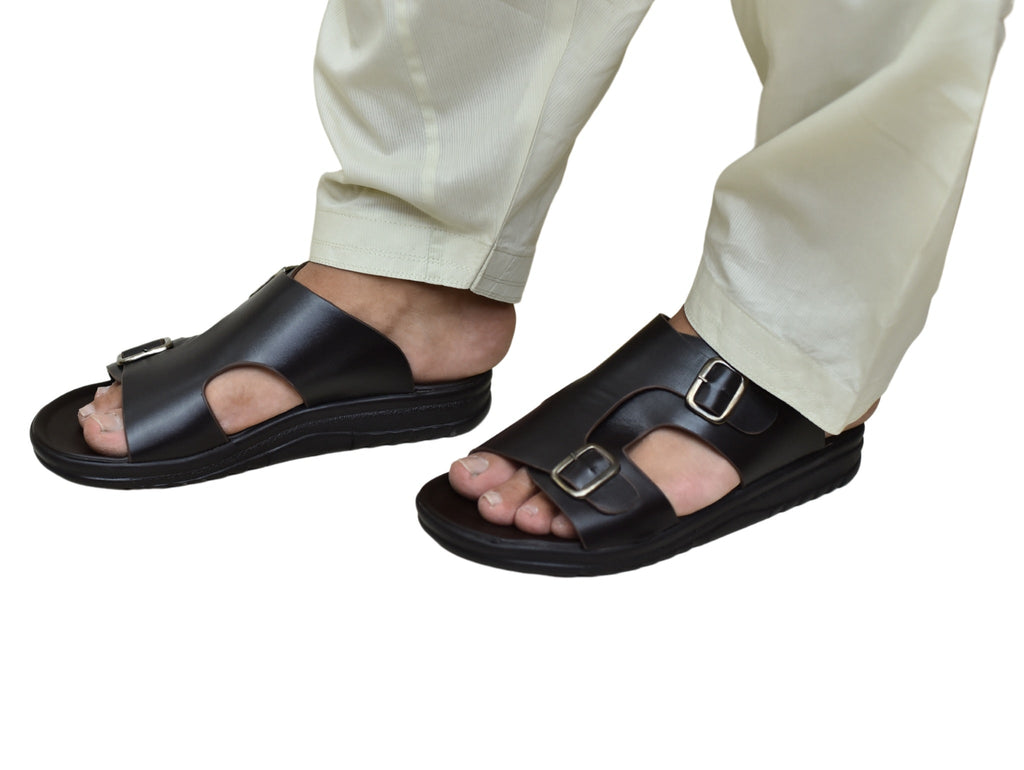 TRENDSSI | Men’s Dual Buckle Faux Leather Slippers - Chocolate Brown