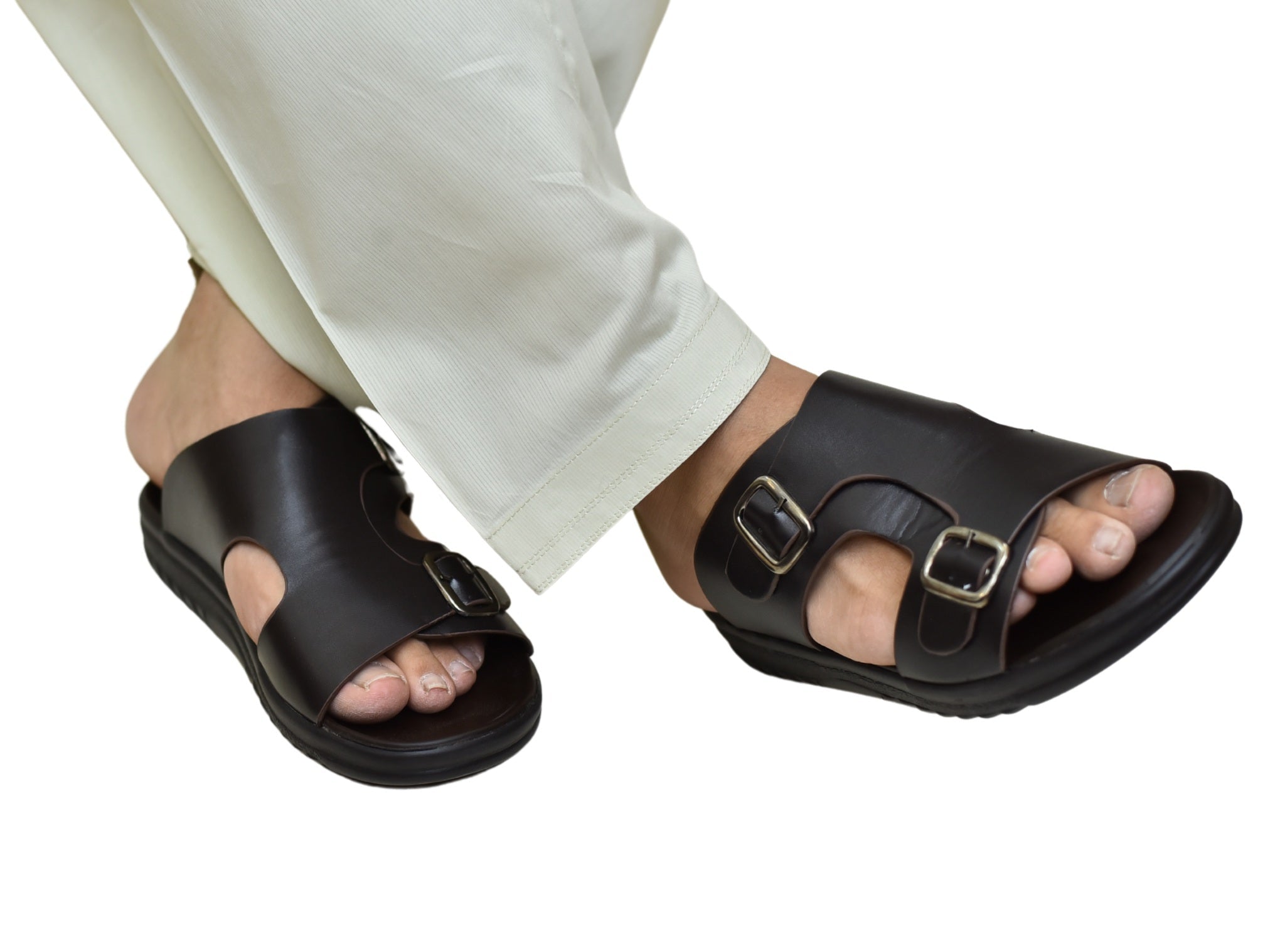 TRENDSSI | Men’s Dual Buckle Faux Leather Slippers - Chocolate Brown