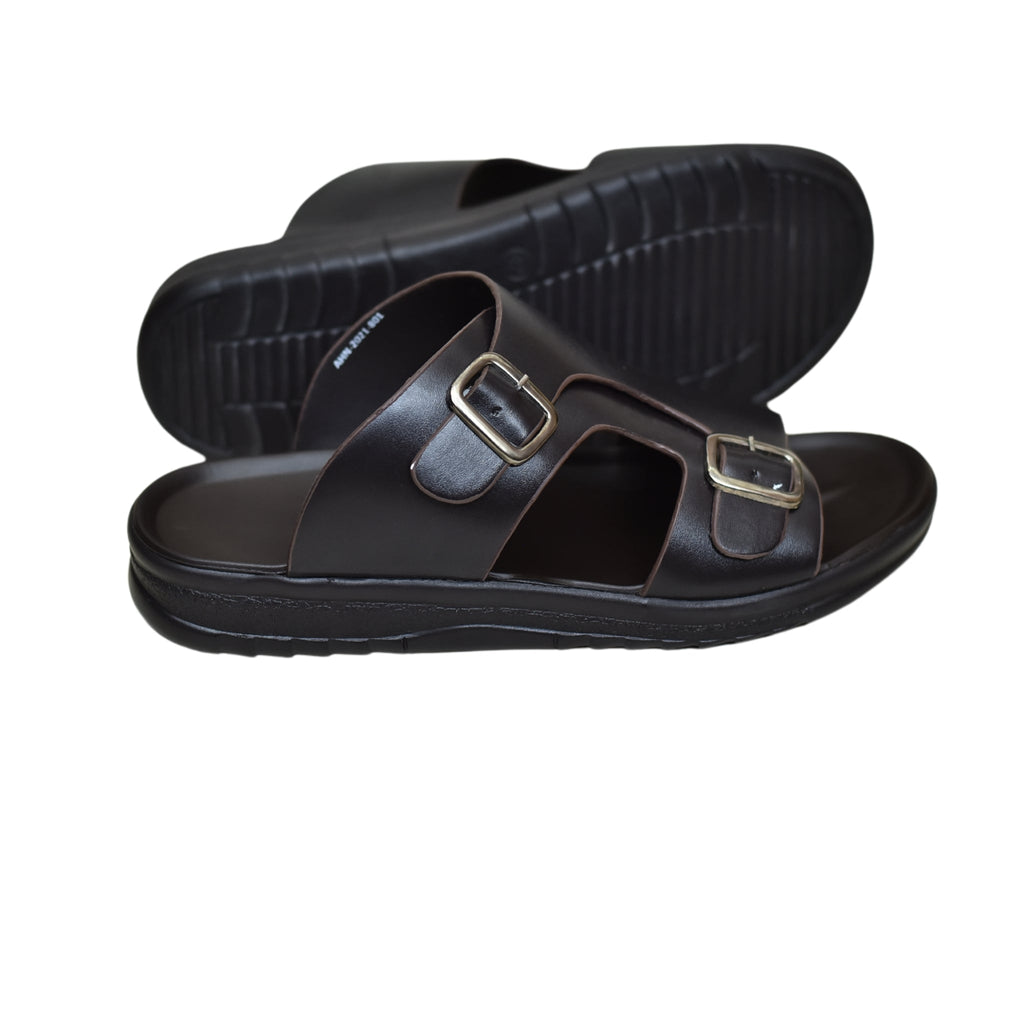 TRENDSSI | Men’s Dual Buckle Faux Leather Slippers - Chocolate Brown