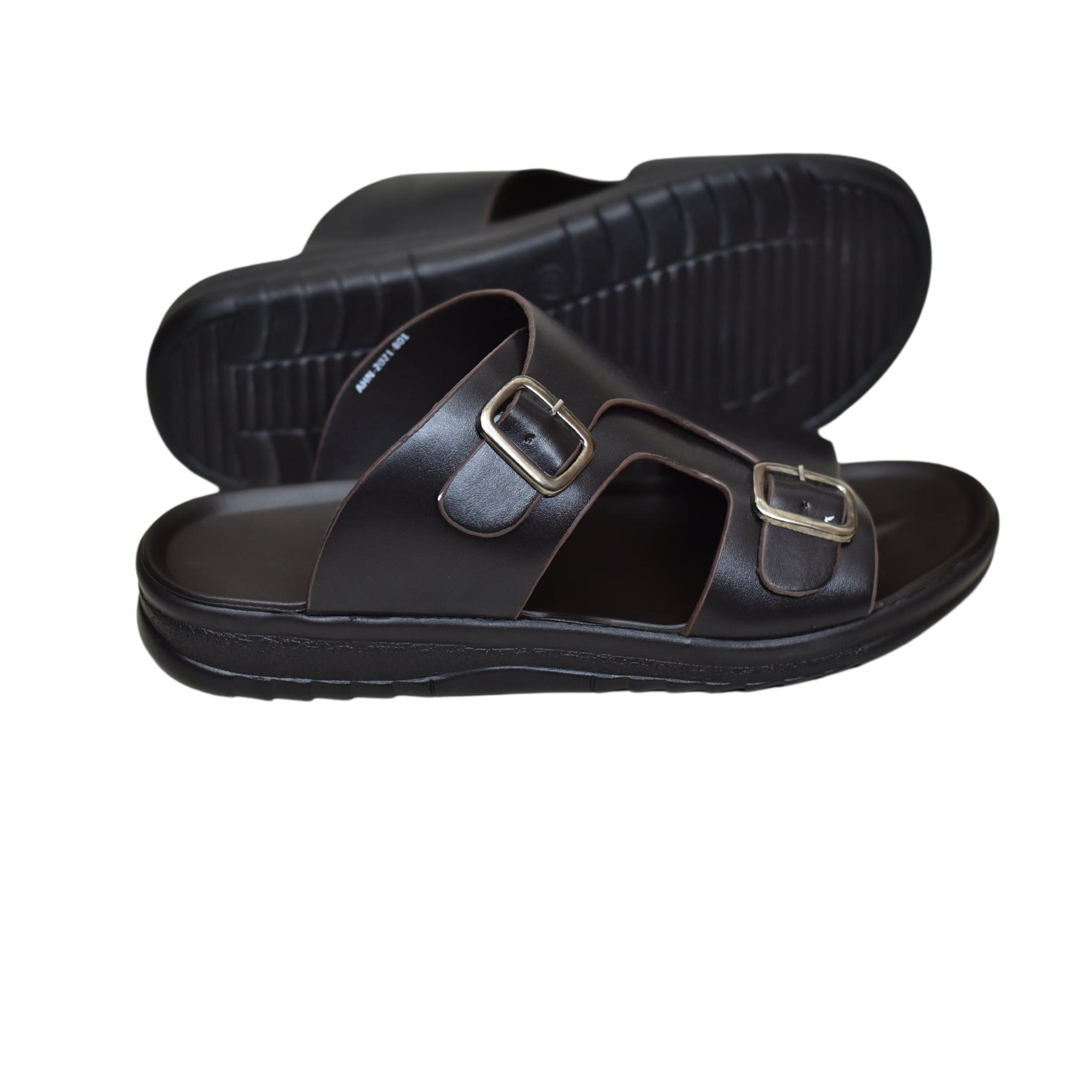 TRENDSSI | Men’s Dual Buckle Faux Leather Slippers - Chocolate Brown