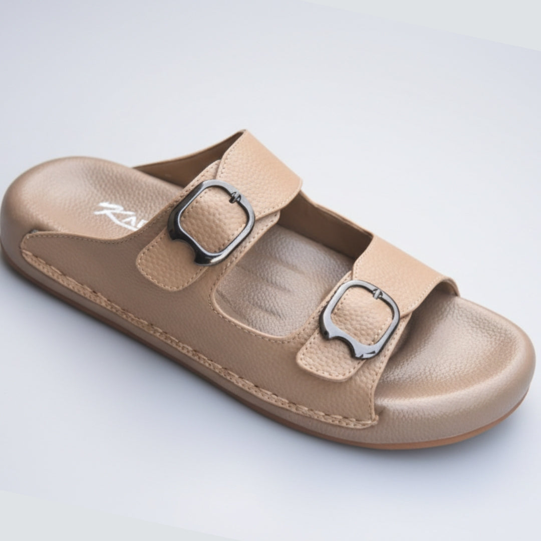 TRENDSSI | Dual Buckle Comfort Slipper – Beige