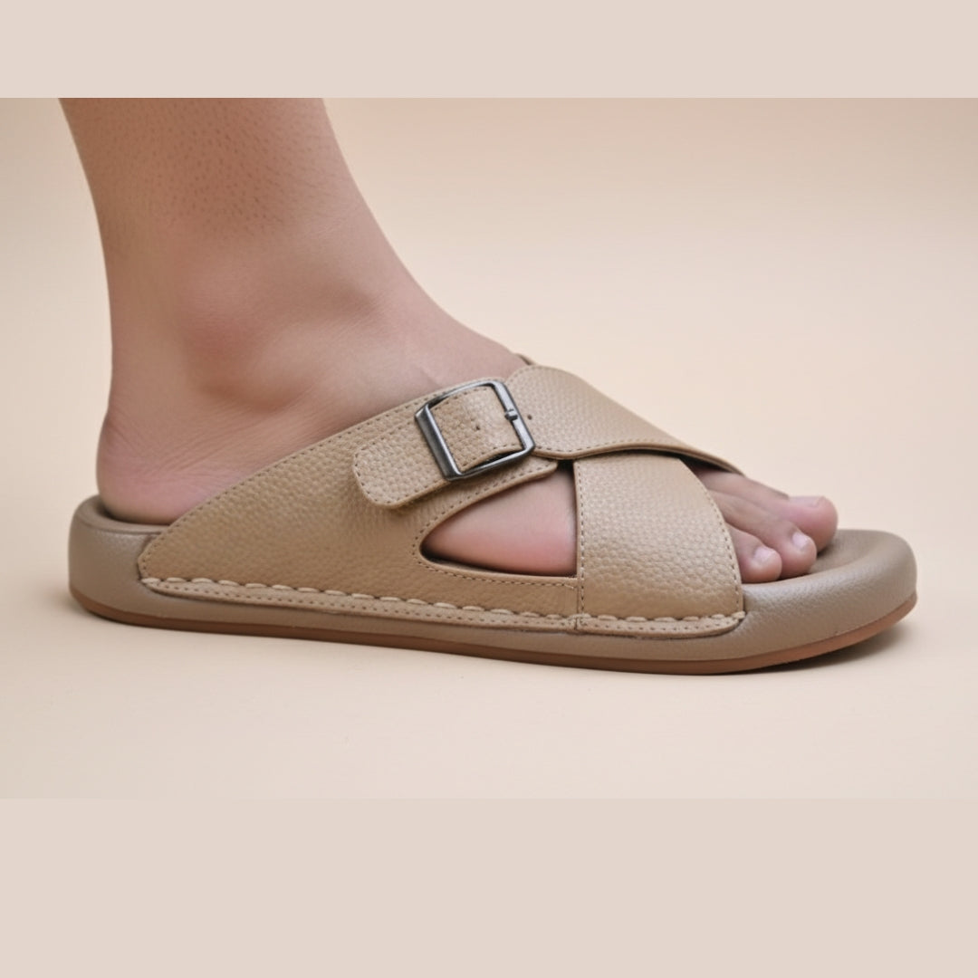 TRENDSSI | Cross Strap Comfort Slipper – Beige