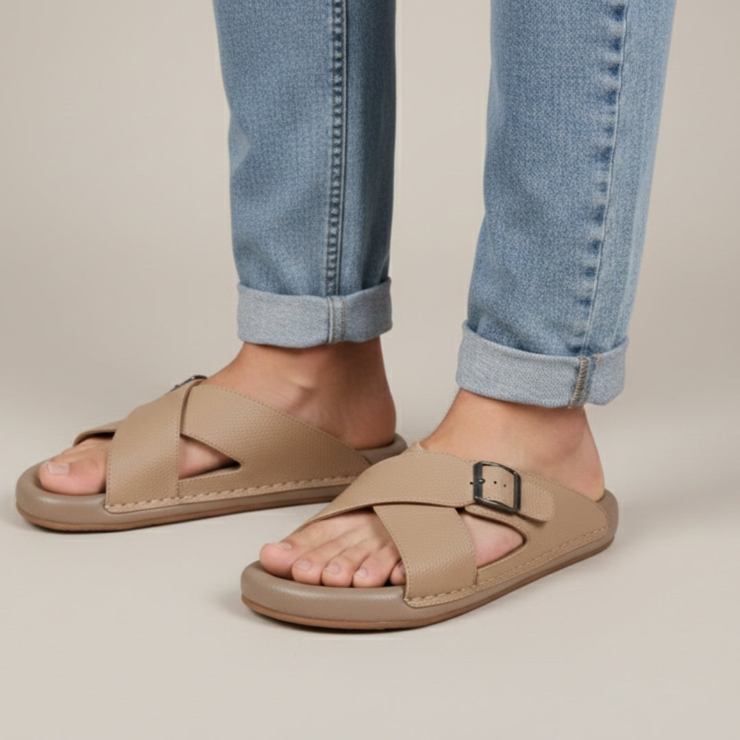 TRENDSSI | Cross Strap Comfort Slipper – Beige