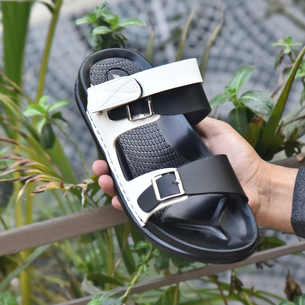 TRENDSSI | Men's Premium Dual-Tone Buckle Sandals – Black & White