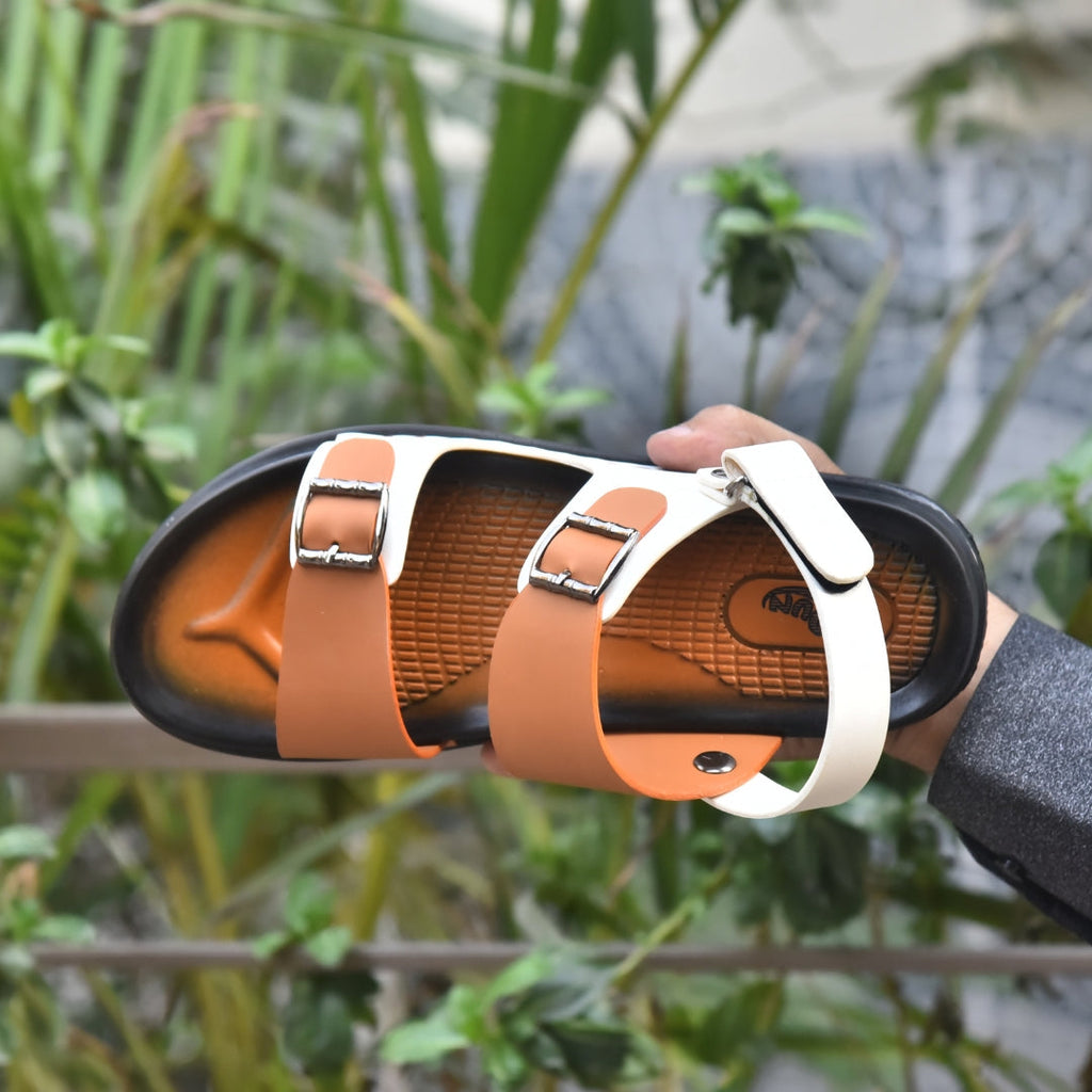 TRENDSSI | Men's Premium Dual-Tone Buckle Sandals – Mustard & White
