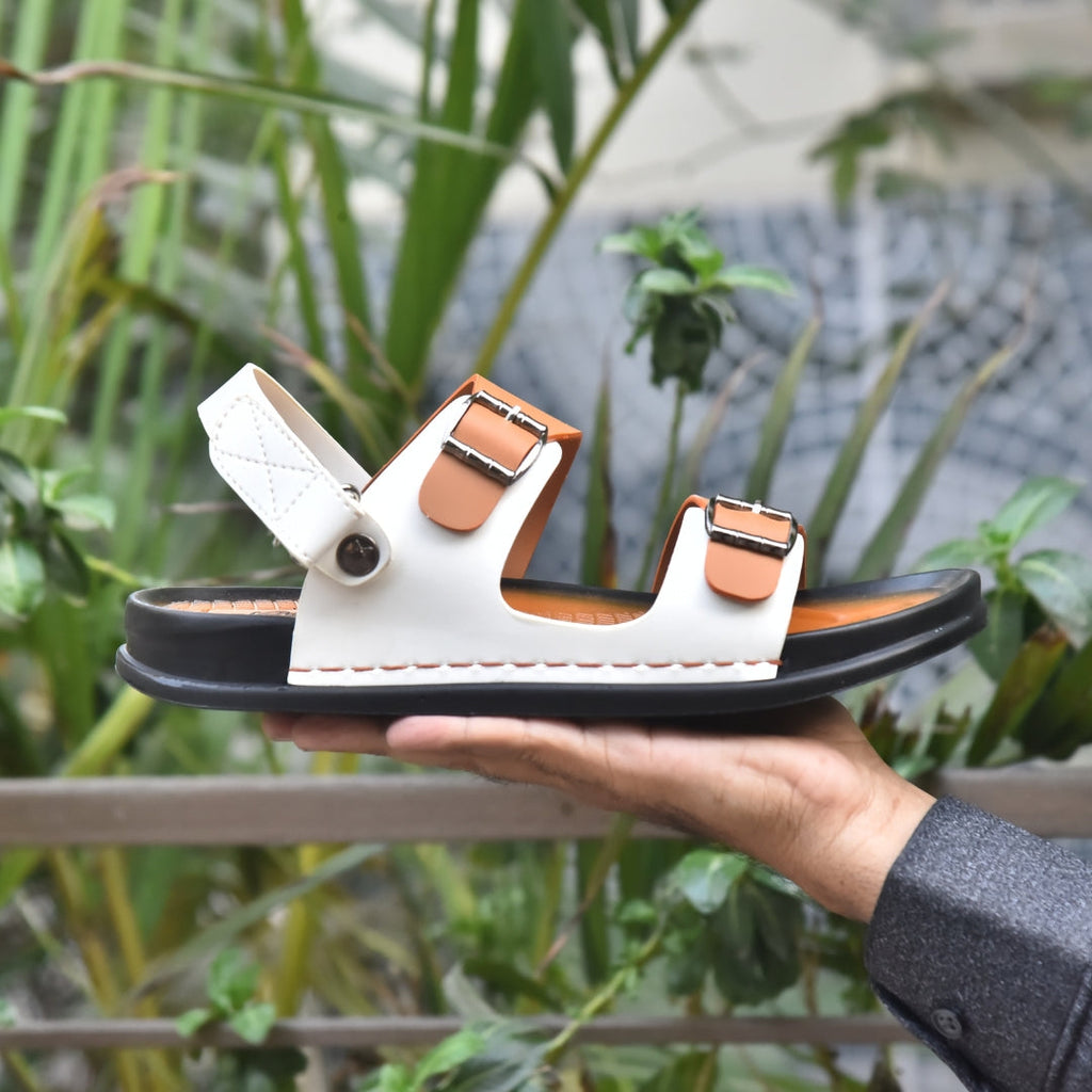 TRENDSSI | Men's Premium Dual-Tone Buckle Sandals – Mustard & White