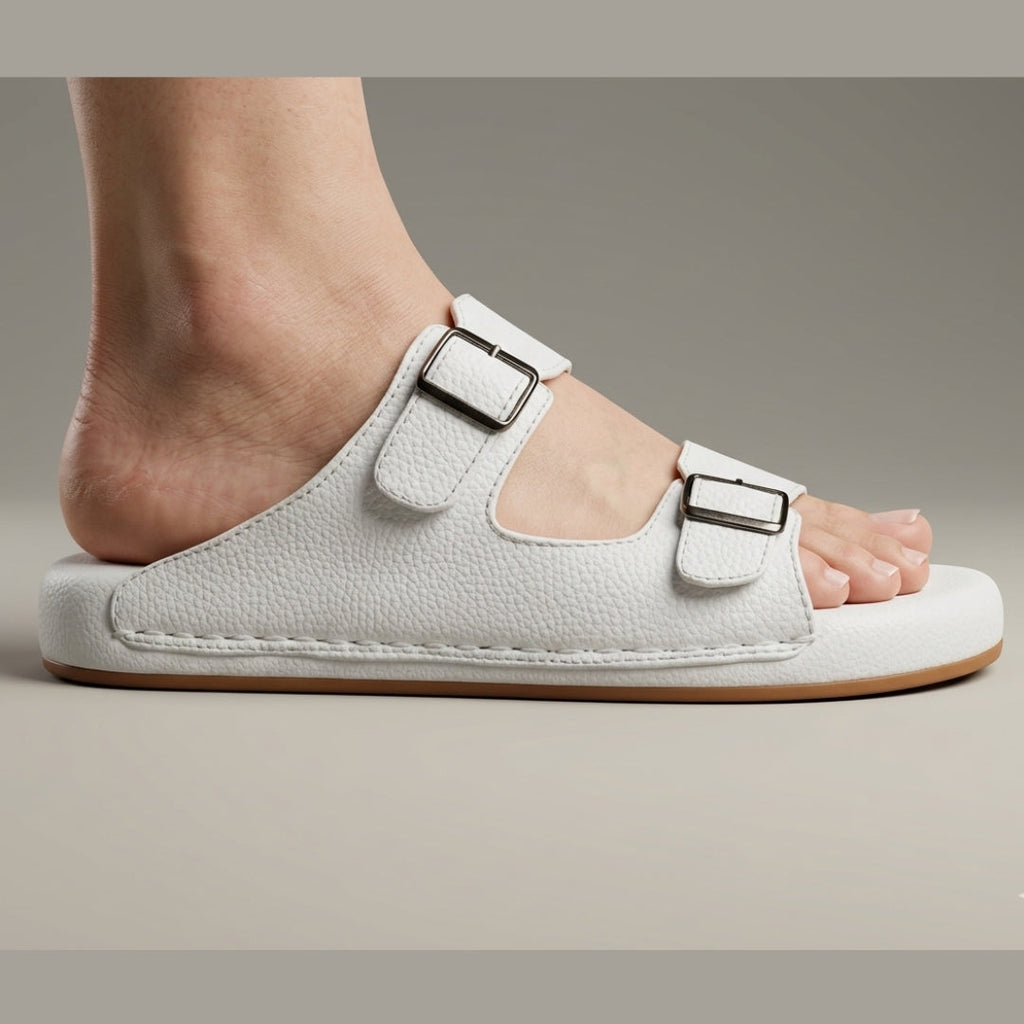 TRENDSSI | Dual Buckle Comfort Slipper – White
