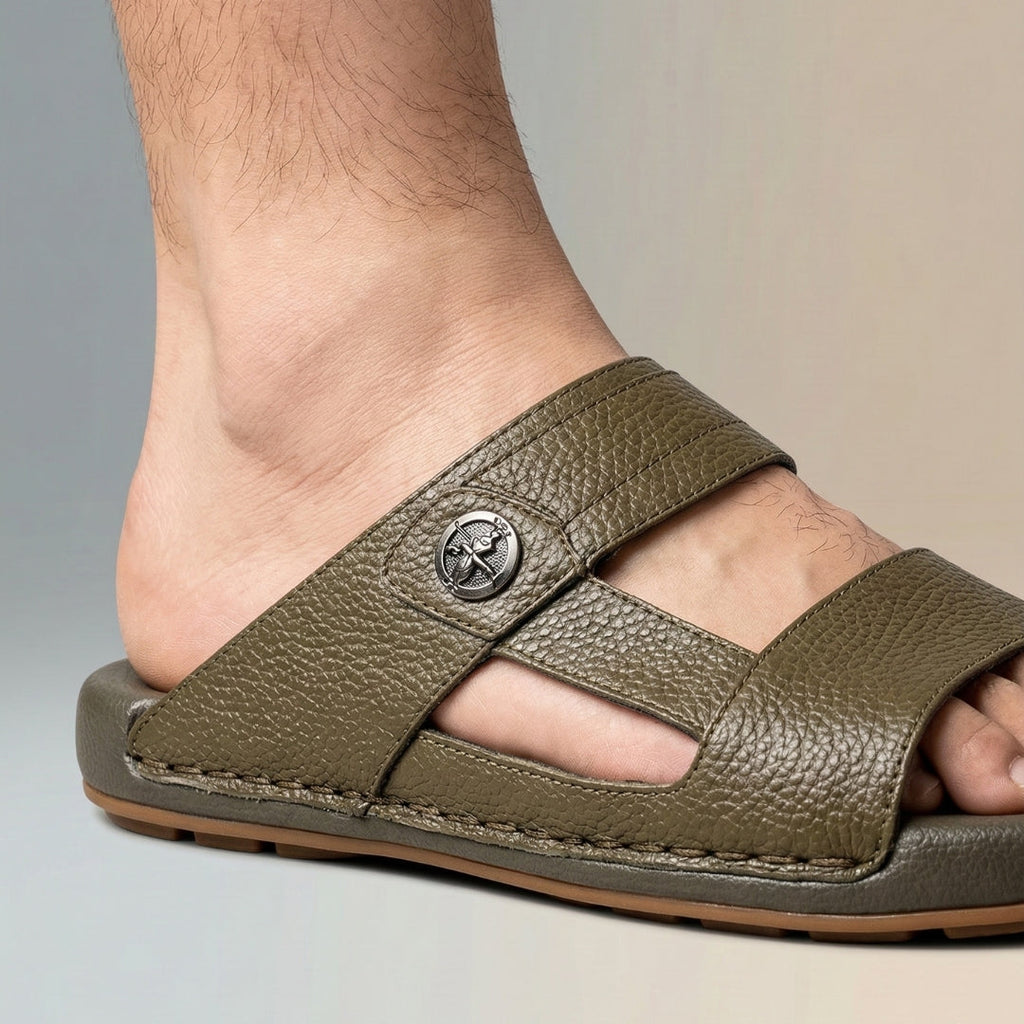 TRENDSSI | Premium Textured Leather Comfort Slipper - Olive
