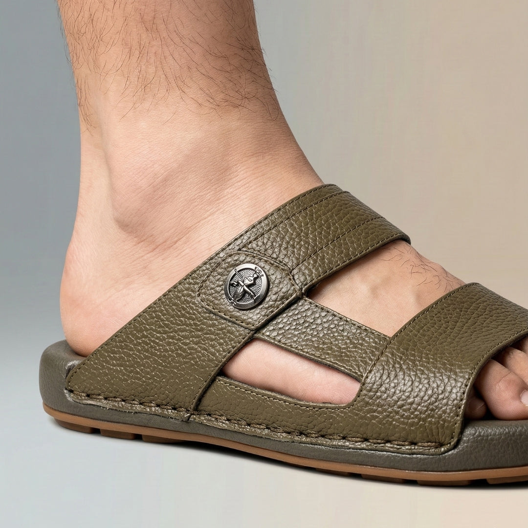 TRENDSSI | Premium Textured Leather Comfort Slipper - Olive