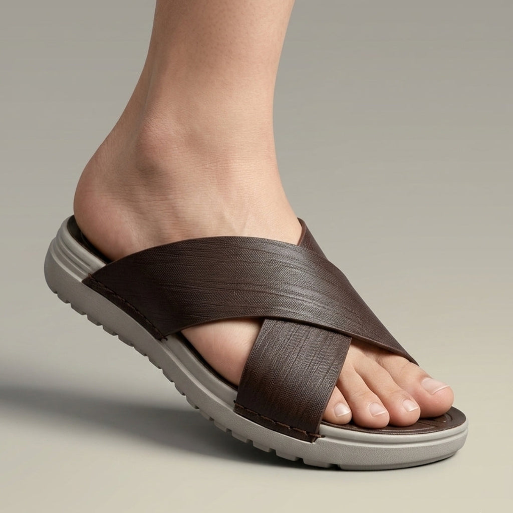 TRENDSSI | Cross-Strap Textured Slipper - Brown