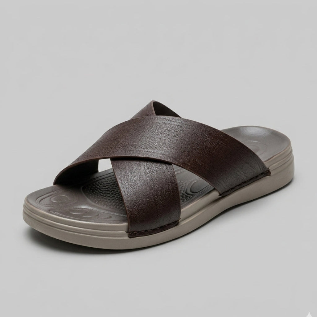 TRENDSSI | Cross-Strap Textured Slipper - Brown